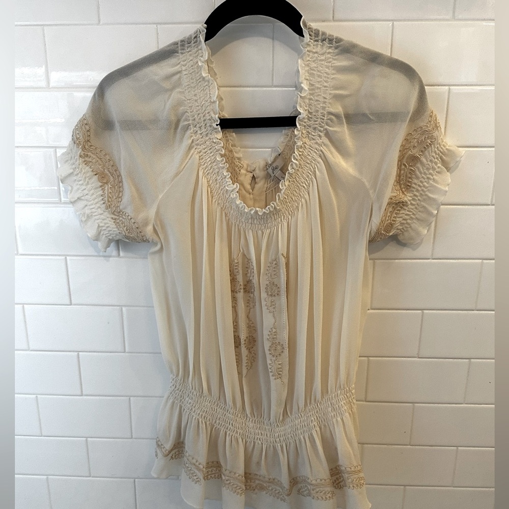 Vintage Joie Cream Ruffled Flutter Sleeve Blouse from Saks